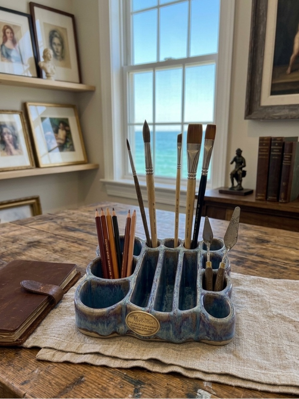 Bay Pottery Handmade Blue Glazed Ceramic Desk Organizer Multiple Compartments